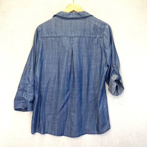 Skies Are Blue Chambray Roll Cuff Shirt Womens Medium M Lightweight Tencel Top - Picture 2 of 12